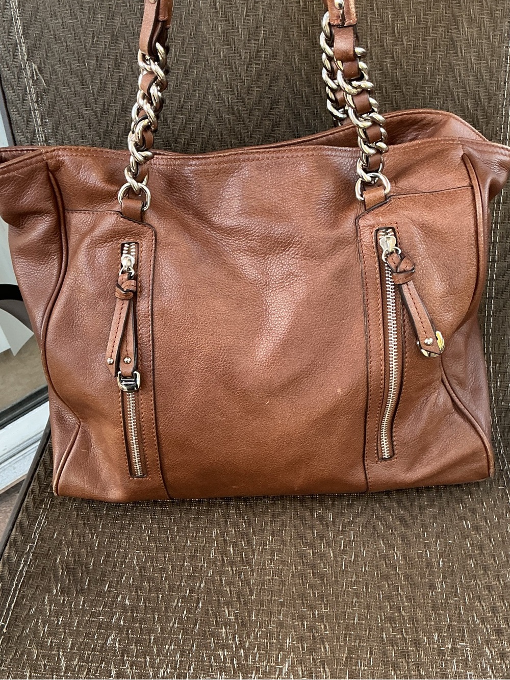 B. Makowsky Brown Leather Chain Tote Bag
